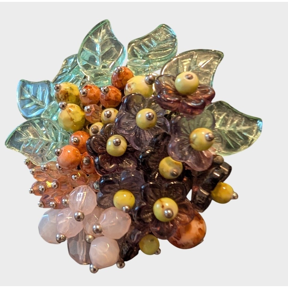 Vintage Multicolor Brooch Floral Cluster Glass Stone Bead Lucite Leaf Pin 2 Inch